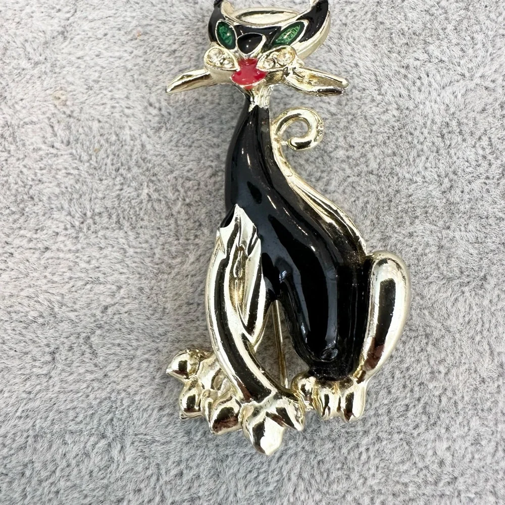 Vintage Elegant French Gold And Black Enamel Rhinestone Whiskers Cat Brooch Pin - Picture 2 of 4